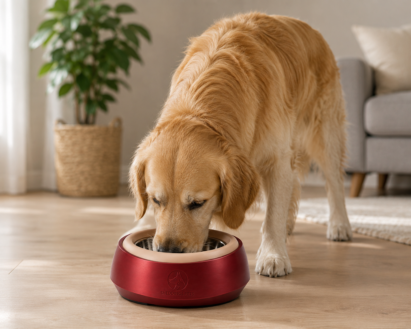 Golden retriever with a red feeding bowl