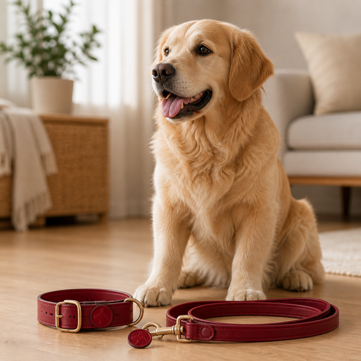 Golden retriever with a red collar and lead