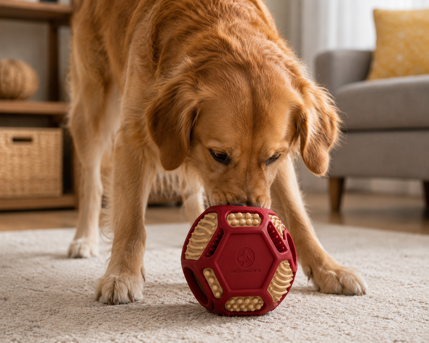 Golden retriever with a red activity ball